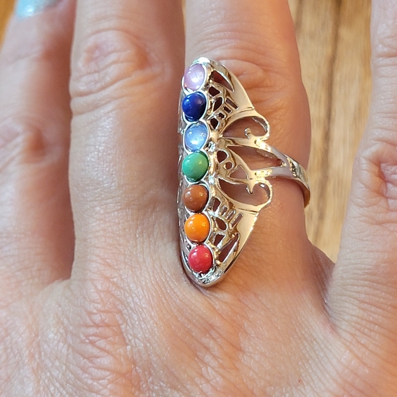 Chakra Silver Tone Cut-Out North-South Ring, adjustable - Picture 4 of 6